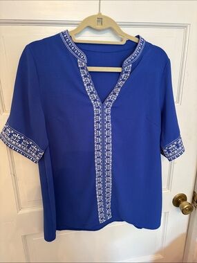 Embroidered Split-Neck Women's Top in Royal Blue